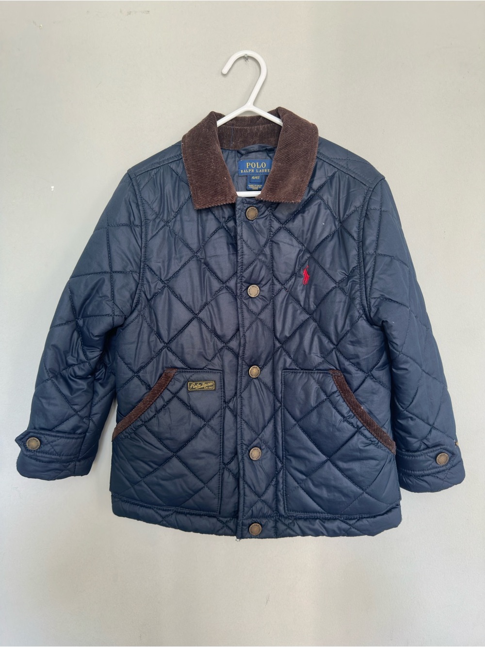 Polo by Ralph Lauren Navy Quilted Kids Jacket with Brown Corduroy Trim 4/4T
